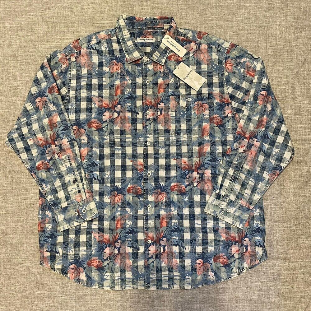 Tommy Bahama Shirt Mens XXXL Pacific  Coast Plaid Flower Long Sleeve Tropical